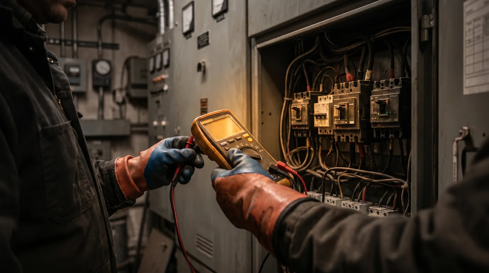 Revízny technik pri meraní elektrického rozvádzača